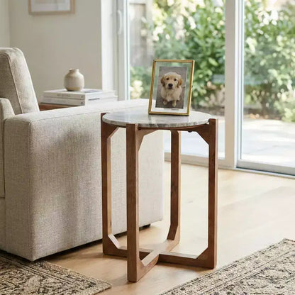 Table d'appoint ronde avec plateau en marbre et base en métal, 56 cm H x 46 cm L, Ivoire et Gris pour Salon