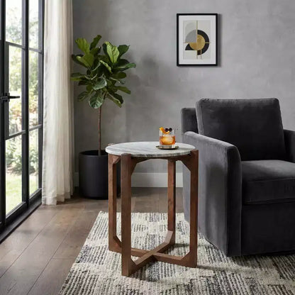 Table d'appoint ronde avec plateau en marbre et base en métal, 56 cm H x 46 cm L, Ivoire et Gris pour Salon