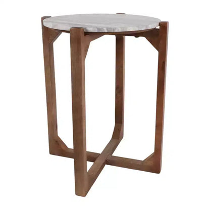 Table d'appoint ronde avec plateau en marbre et base en métal, 56 cm H x 46 cm L, Ivoire et Gris pour Salon