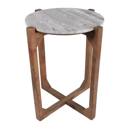 Table d'appoint ronde avec plateau en marbre et base en métal, 56 cm H x 46 cm L, Ivoire et Gris pour Salon