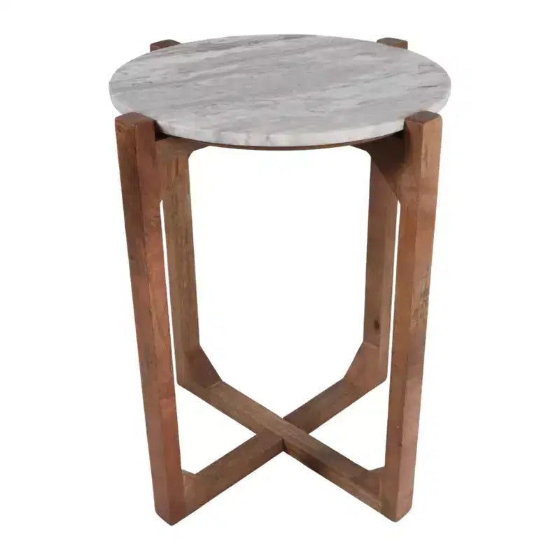 Table d'appoint ronde avec plateau en marbre et base en métal, 56 cm H x 46 cm L, Ivoire et Gris pour Salon