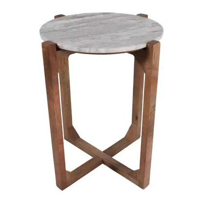 Table d'appoint ronde avec plateau en marbre et base en métal, 56 cm H x 46 cm L, Ivoire et Gris pour Salon