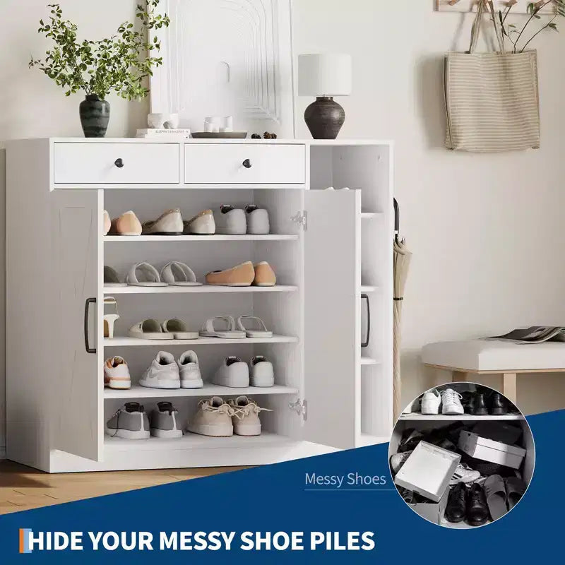 Meuble à chaussures 5 niveaux style ferme avec 2 portes de grange, 4 casiers et 7 étagères réglables, blanc
