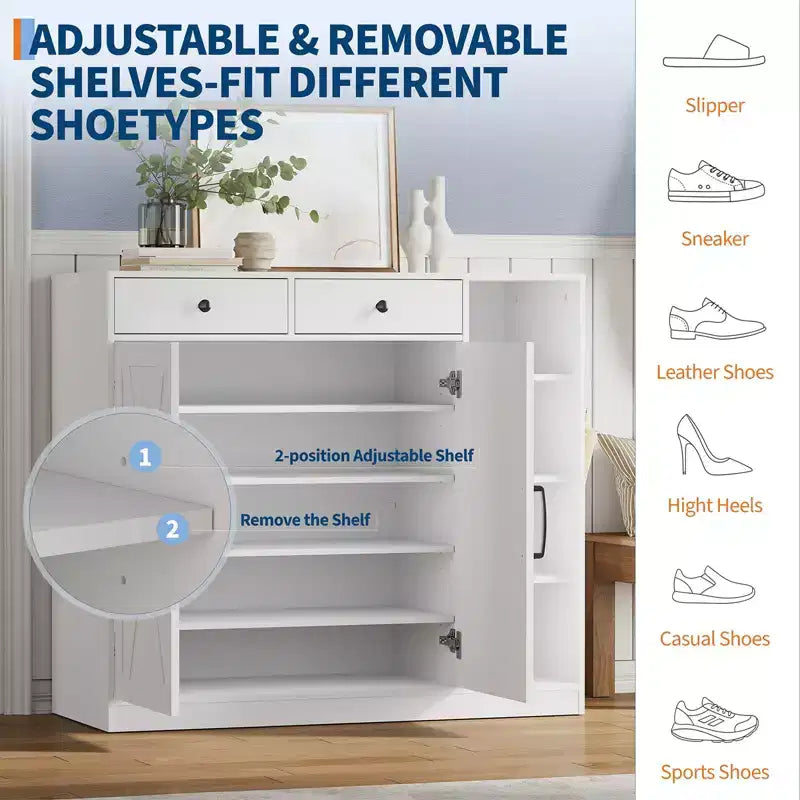 Meuble à chaussures 5 niveaux style ferme avec 2 portes de grange, 4 casiers et 7 étagères réglables, blanc