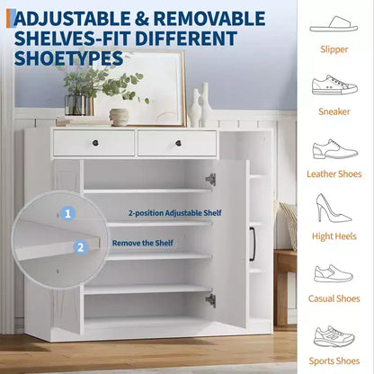 Meuble à chaussures 5 niveaux style ferme avec 2 portes de grange, 4 casiers et 7 étagères réglables, blanc
