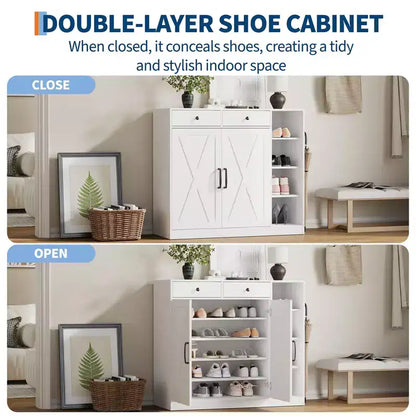 Meuble à chaussures 5 niveaux style ferme avec 2 portes de grange, 4 casiers et 7 étagères réglables, blanc