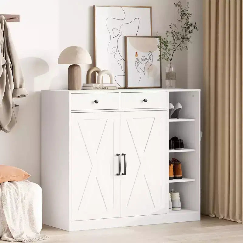 Meuble à chaussures 5 niveaux style ferme avec 2 portes de grange, 4 casiers et 7 étagères réglables, blanc