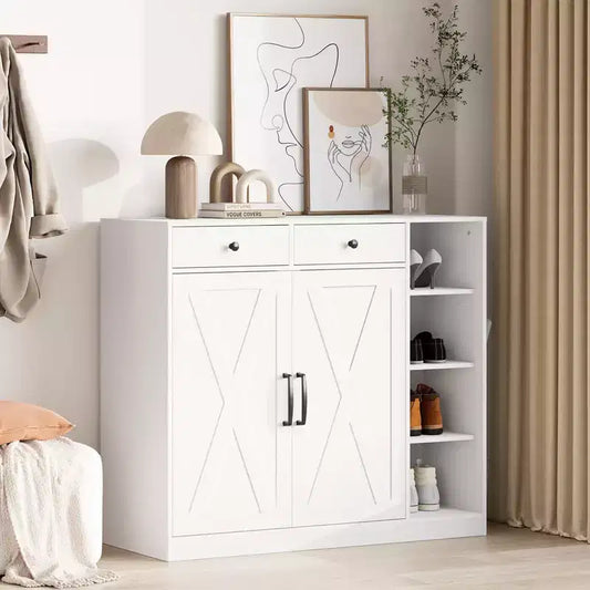 Meuble à chaussures 5 niveaux style ferme avec 2 portes de grange, 4 casiers et 7 étagères réglables, blanc
