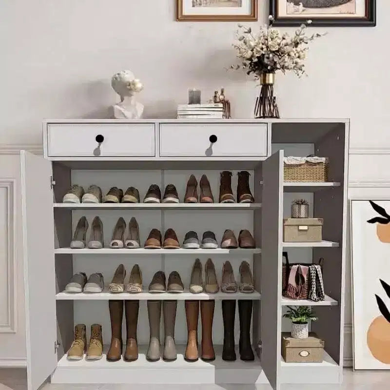 Meuble à chaussures 5 niveaux style ferme avec 2 portes de grange, 4 casiers et 7 étagères réglables, blanc