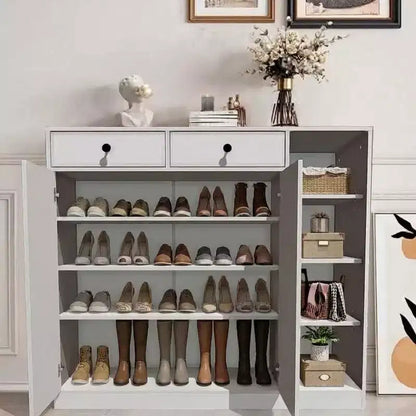 Meuble à chaussures 5 niveaux style ferme avec 2 portes de grange, 4 casiers et 7 étagères réglables, blanc