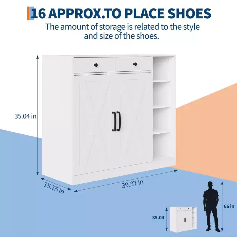 Meuble à chaussures 5 niveaux style ferme avec 2 portes de grange, 4 casiers et 7 étagères réglables, blanc
