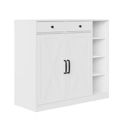 Meuble à chaussures 5 niveaux style ferme avec 2 portes de grange, 4 casiers et 7 étagères réglables, blanc
