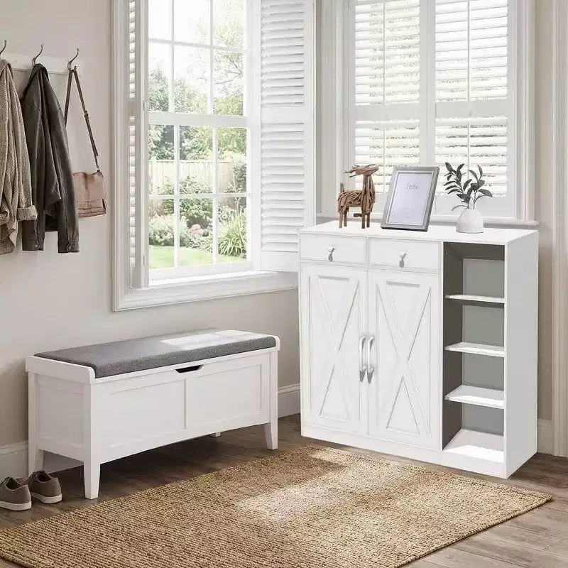 Meuble à chaussures 5 niveaux style ferme avec 2 portes de grange, 4 casiers et 7 étagères réglables, blanc