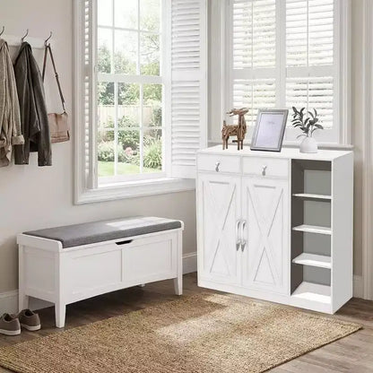 Meuble à chaussures 5 niveaux style ferme avec 2 portes de grange, 4 casiers et 7 étagères réglables, blanc