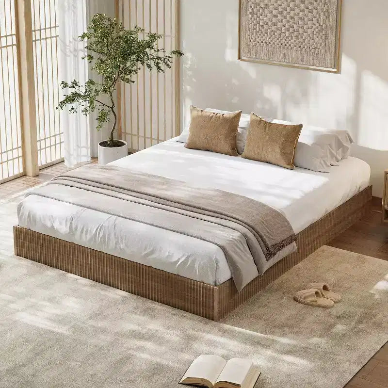 Cadre de lit plateforme avec design cannelé et coffre de rangement intégré, aucun sommier tapissier requis