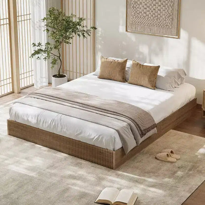 Cadre de lit plateforme avec design cannelé et coffre de rangement intégré, aucun sommier tapissier requis