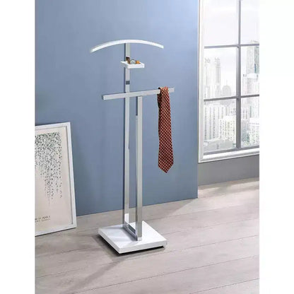 Valet de nuit en métal et bois, Porte-vêtements avec étagère à accessoires, 114 cm H x 43 cm P x 25 cm L