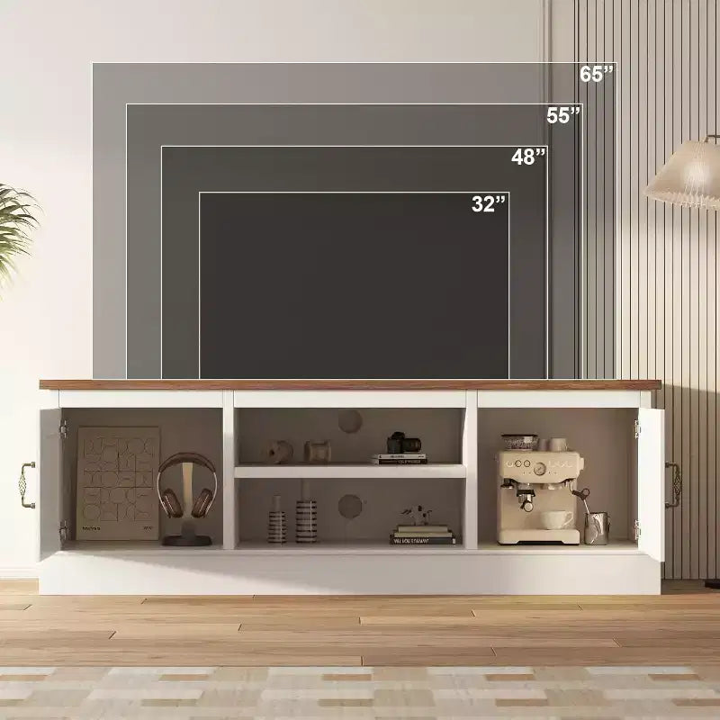 Meuble TV de ferme pour téléviseurs 65", Centre de divertissement avec armoires de rangement, Rustique