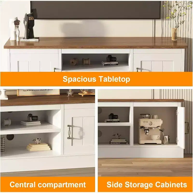 Meuble TV de ferme pour téléviseurs 65", Centre de divertissement avec armoires de rangement, Rustique