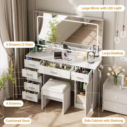 Coiffeuse moderne avec miroir LED, 7 tiroirs, 3 modes d'éclairage, chaise et station de charge
