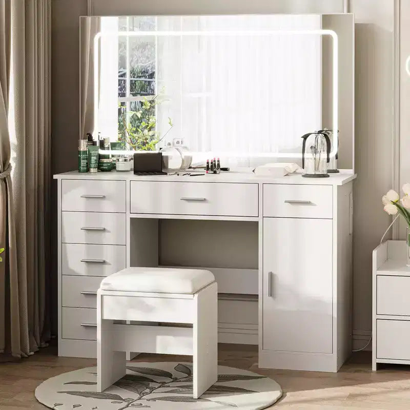 Coiffeuse moderne avec miroir LED, 7 tiroirs, 3 modes d'éclairage, chaise et station de charge