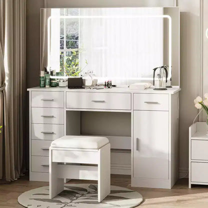 Coiffeuse moderne avec miroir LED, 7 tiroirs, 3 modes d'éclairage, chaise et station de charge