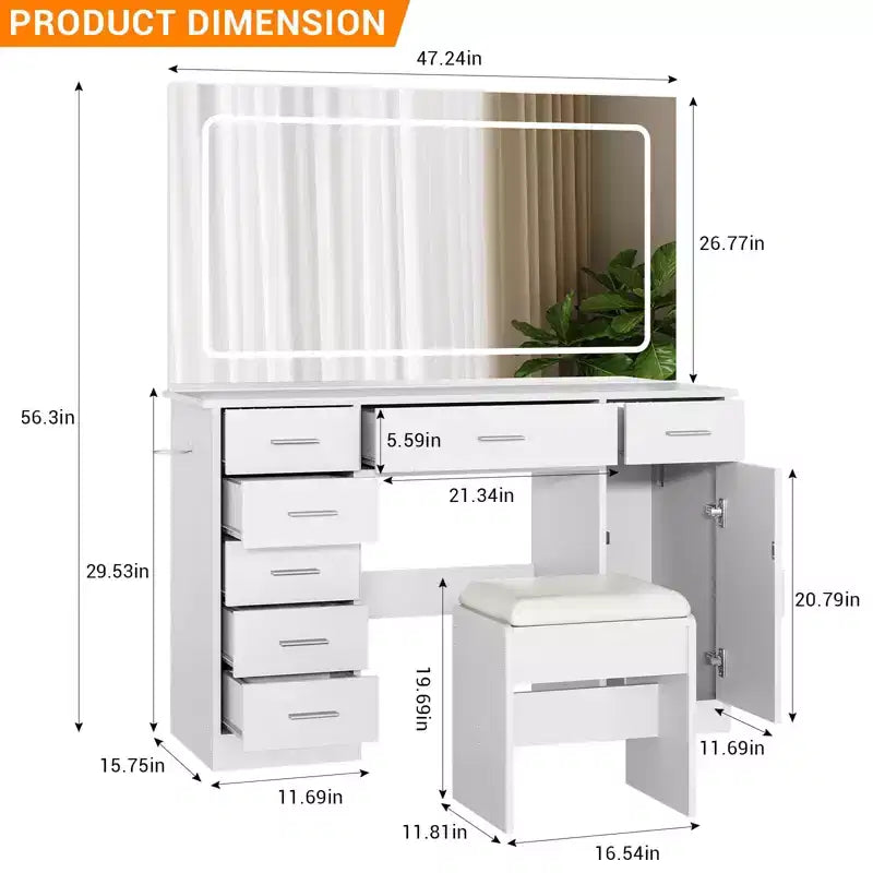 Coiffeuse moderne avec miroir LED, 7 tiroirs, 3 modes d'éclairage, chaise et station de charge