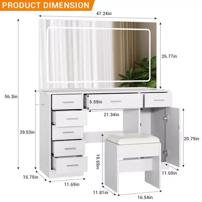 Coiffeuse moderne avec miroir LED, 7 tiroirs, 3 modes d'éclairage, chaise et station de charge