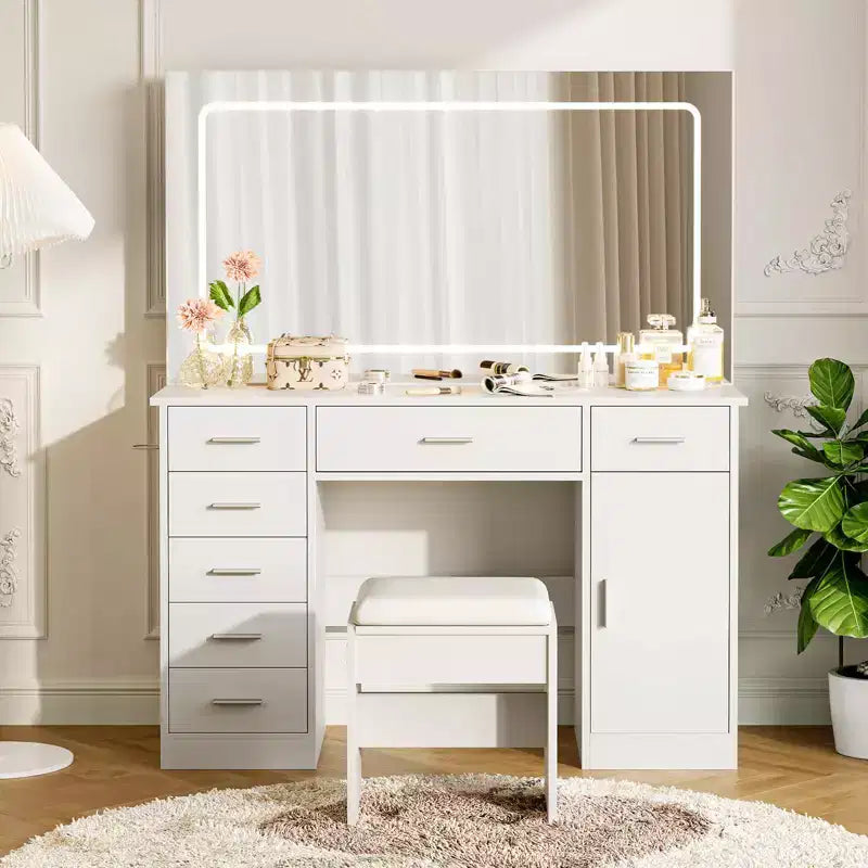 Coiffeuse moderne avec miroir LED, 7 tiroirs, 3 modes d'éclairage, chaise et station de charge