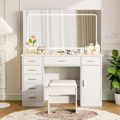 Coiffeuse moderne avec miroir LED, 7 tiroirs, 3 modes d'éclairage, chaise et station de charge