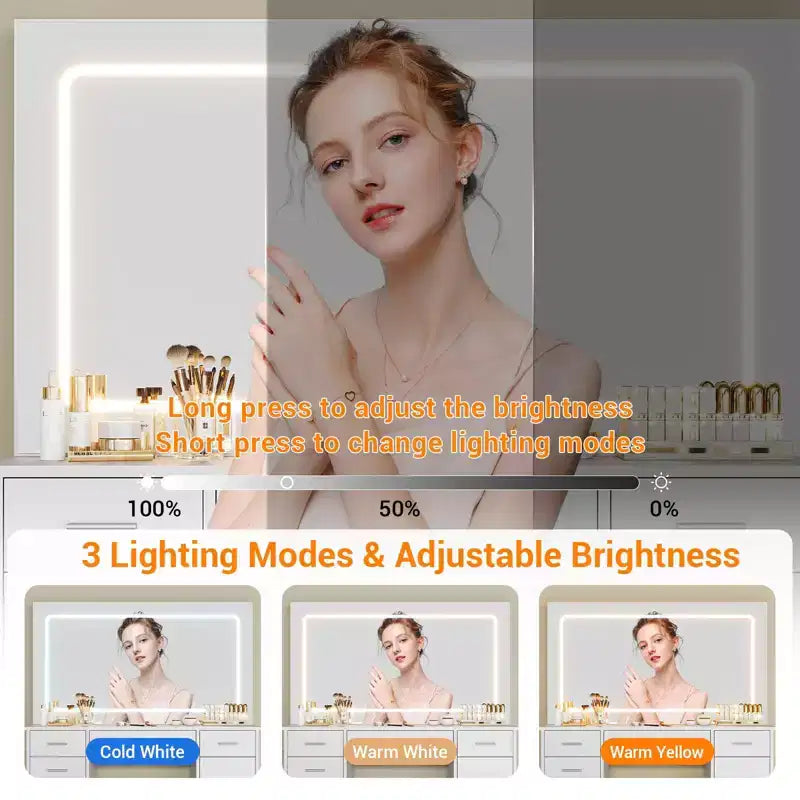 Coiffeuse moderne avec miroir LED, 7 tiroirs, 3 modes d'éclairage, chaise et station de charge