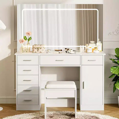 Coiffeuse moderne avec miroir LED, 7 tiroirs, 3 modes d'éclairage, chaise et station de charge