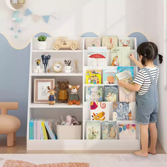 Étagère à Livres pour Enfants en Bois à 4 Niveaux avec Organiseur de Rangement de Jouets, 8 Casier de Rangement, Bibliothèque pour Enfants