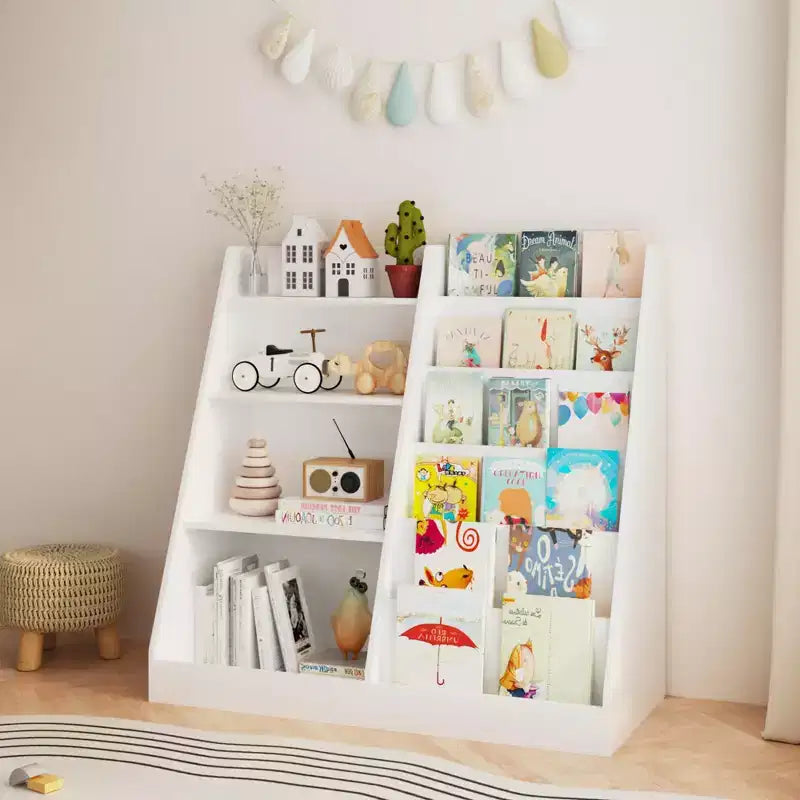 Étagère à Livres pour Enfants en Bois à 4 Niveaux avec Organiseur de Rangement de Jouets, 8 Casier de Rangement, Bibliothèque pour Enfants