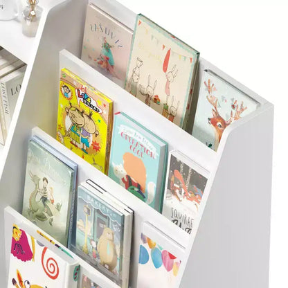 Étagère à Livres pour Enfants en Bois à 4 Niveaux avec Organiseur de Rangement de Jouets, 8 Casier de Rangement, Bibliothèque pour Enfants