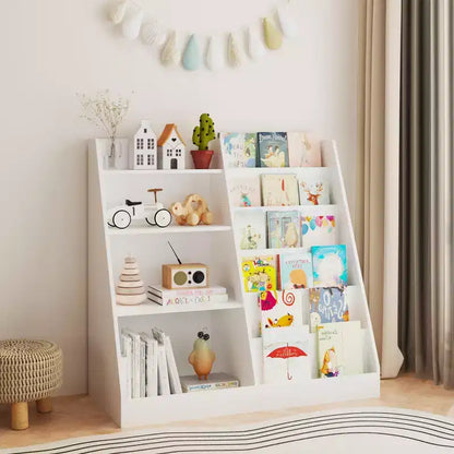 Étagère à Livres pour Enfants en Bois à 4 Niveaux avec Organiseur de Rangement de Jouets, 8 Casier de Rangement, Bibliothèque pour Enfants