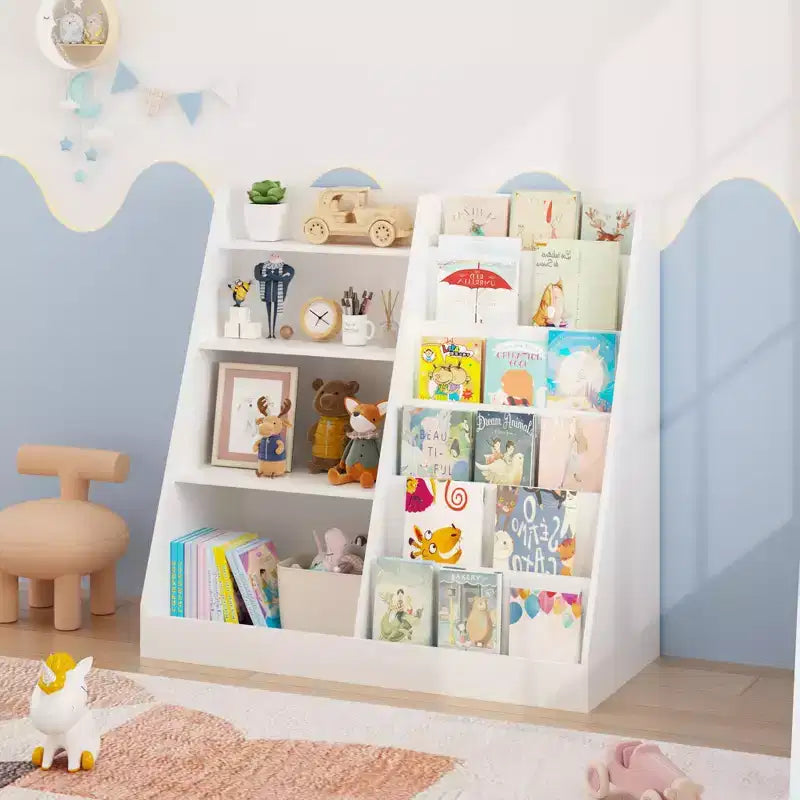 Étagère à Livres pour Enfants en Bois à 4 Niveaux avec Organiseur de Rangement de Jouets, 8 Casier de Rangement, Bibliothèque pour Enfants