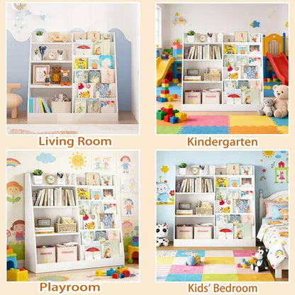 Étagère à Livres pour Enfants en Bois à 4 Niveaux avec Organiseur de Rangement de Jouets, 8 Casier de Rangement, Bibliothèque pour Enfants