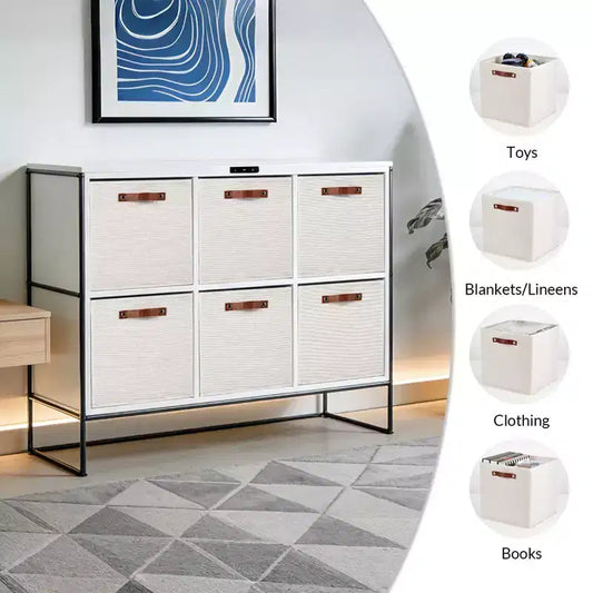 Bacs de rangement cubiques en lin 33x33cm avec poignées en cuir pour étagères de placard