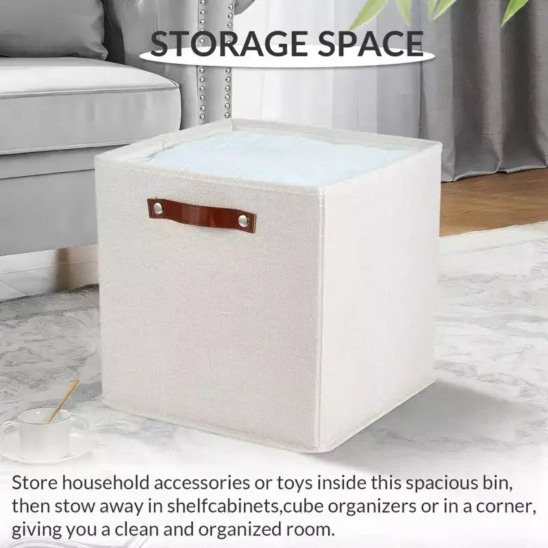 Bacs de rangement cubiques en lin 33x33cm avec poignées en cuir pour étagères de placard