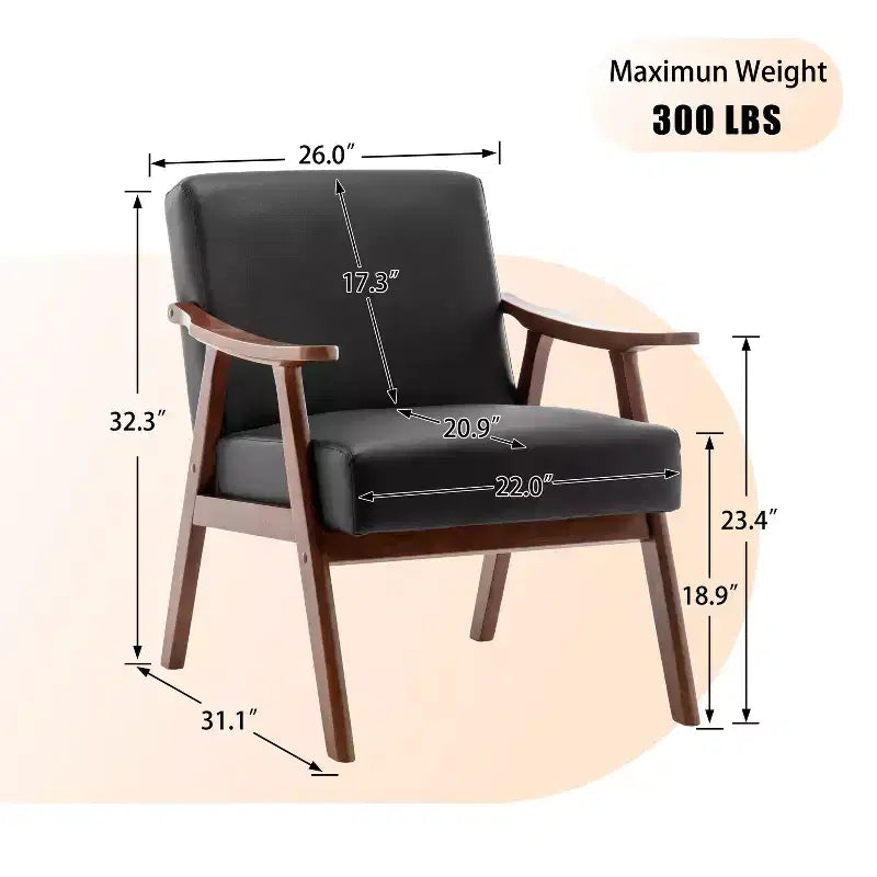 Fauteuil d'appoint du milieu du siècle, cadre en bois d'hévéa massif, dossier extra-épais, capacité de 136 kg