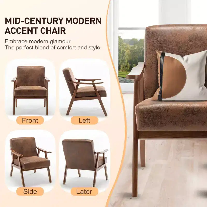 Fauteuil d'appoint du milieu du siècle, cadre en bois d'hévéa massif, dossier extra-épais, capacité de 136 kg