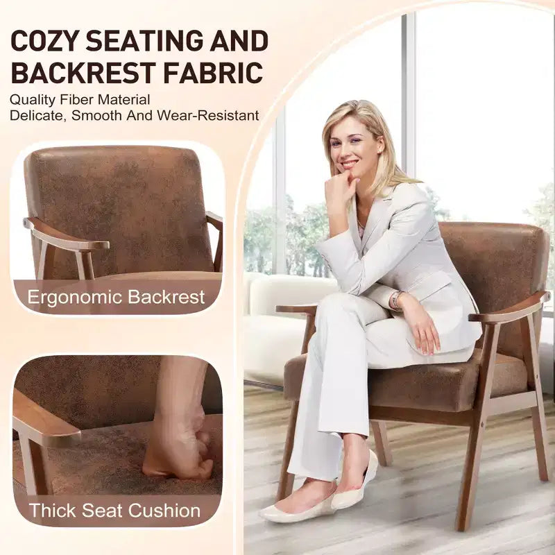 Fauteuil d'appoint du milieu du siècle, cadre en bois d'hévéa massif, dossier extra-épais, capacité de 136 kg