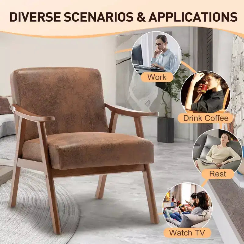 Fauteuil d'appoint du milieu du siècle, cadre en bois d'hévéa massif, dossier extra-épais, capacité de 136 kg