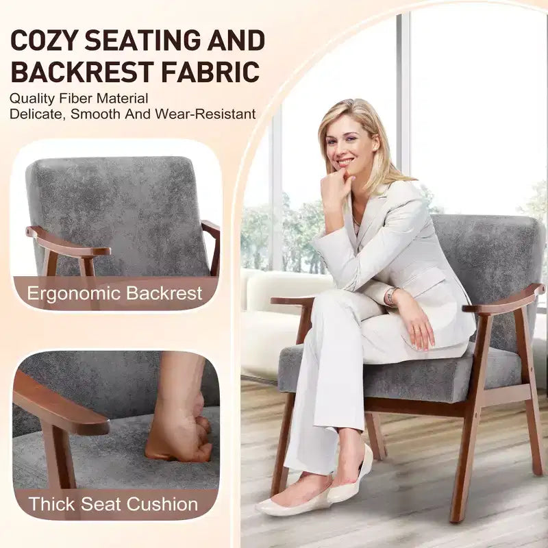 Fauteuil d'appoint du milieu du siècle, cadre en bois d'hévéa massif, dossier extra-épais, capacité de 136 kg