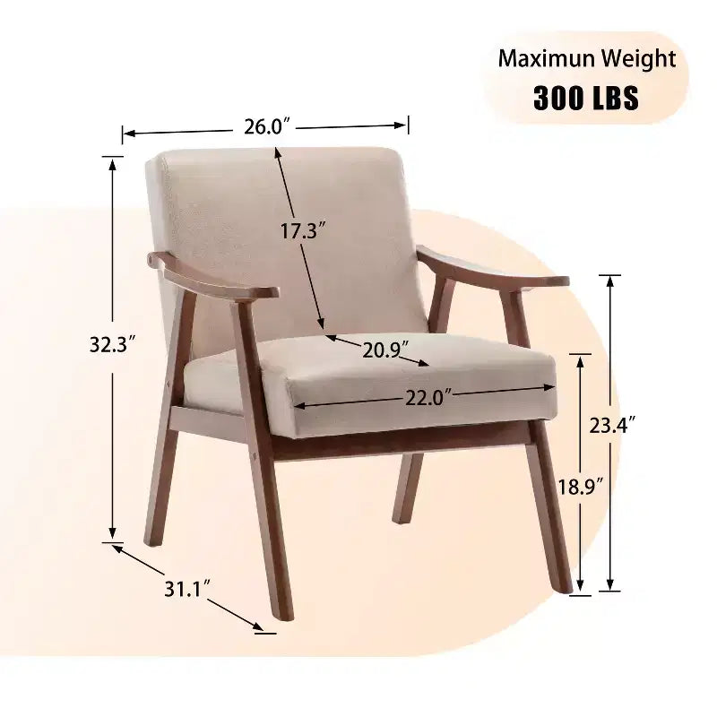 Fauteuil d'appoint du milieu du siècle, cadre en bois d'hévéa massif, dossier extra-épais, capacité de 136 kg