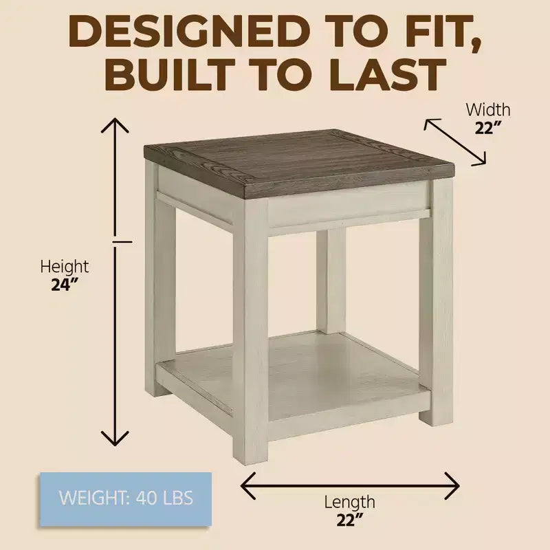 Table d'appoint de ferme en bois avec étagère, marron et crème, 61 cm H x 56 cm L