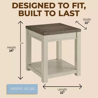 Table d'appoint de ferme en bois avec étagère, marron et crème, 61 cm H x 56 cm L