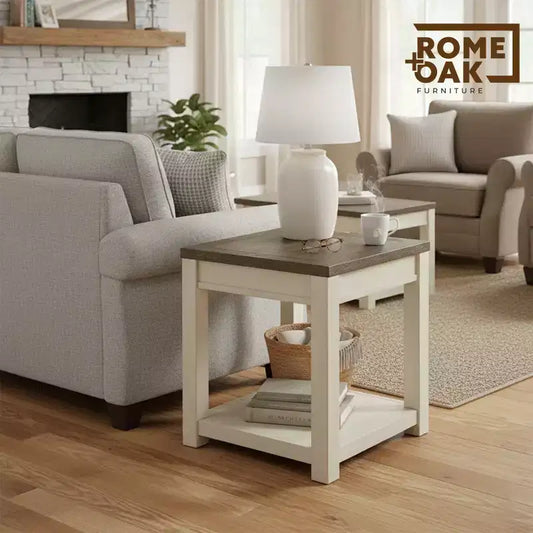 Table d'appoint de ferme en bois avec étagère, marron et crème, 61 cm H x 56 cm L