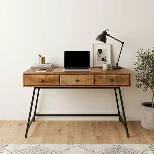 Bureau en bois massif naturel et noir de 47 po avec 3 tiroirs, base en fer, aucun assemblage requis